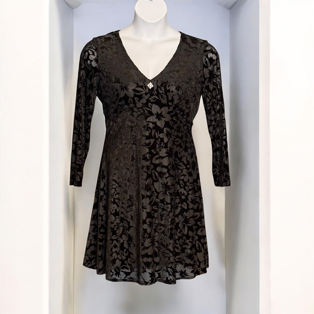 Vintage Black Cocktail Dress Sz 14 Summer Nites Swing Burnout Velvet Y2K V Neck